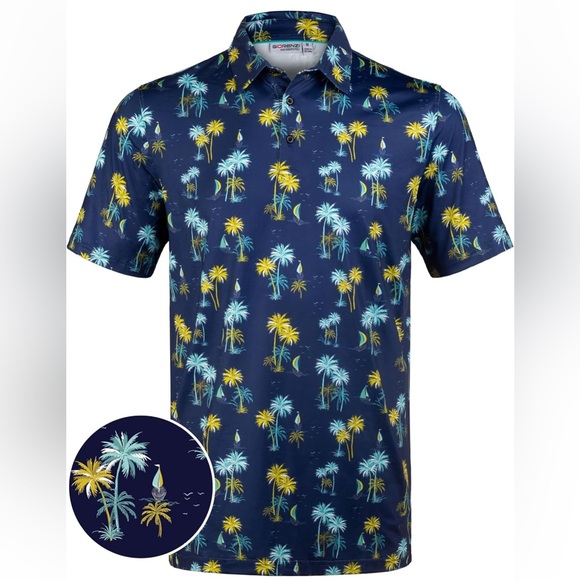$3 💕5/$15 Navy Palm Tree Print Men's Golf Shirt, NEW - Picture 3 of 6